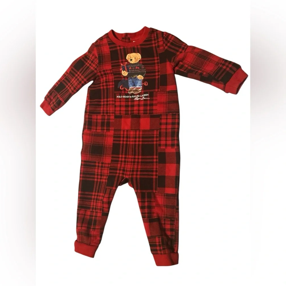 Ralph Lauren Plaid Christmas One Piece Snap Button Closure Long Sleeve Size 12M